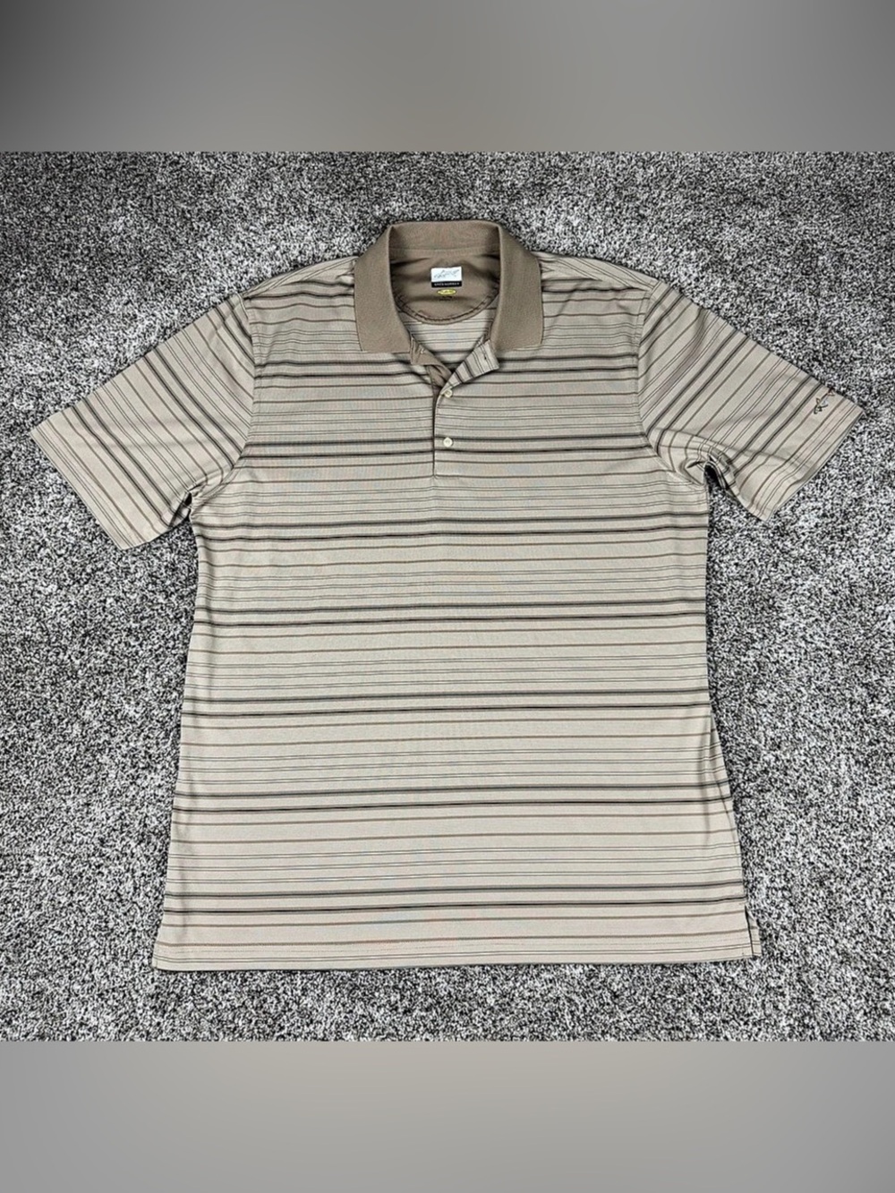 Sz XL Men’s Greg Norman Play Dry Short Sleeve Golf Polo Shirt Tan Striped